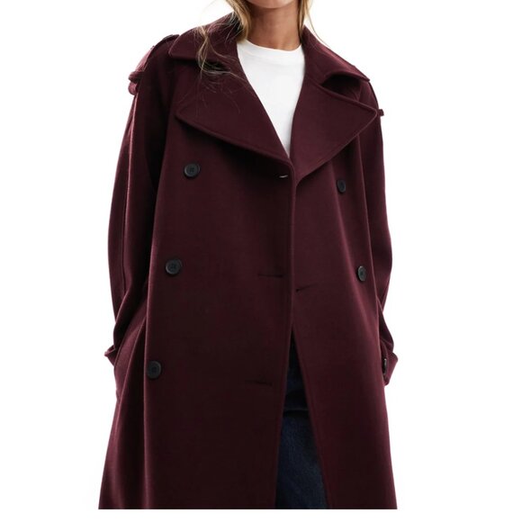 NWT Asos design faux wool burgundy coat size L 12-14 - Picture 1 of 4